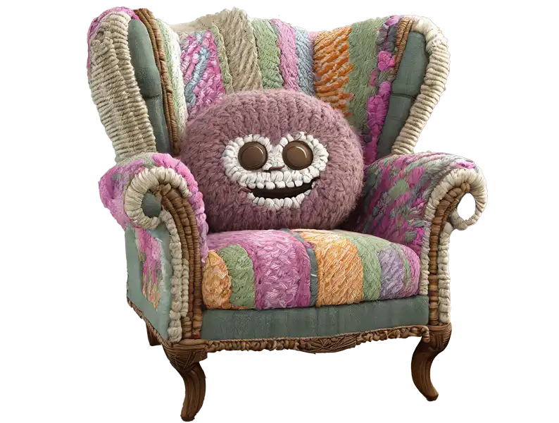 Bunter, gemütlicher Sessel mit einem fröhlichen, knopfäugigen Kissen – Symbol für kreative Wiederverwendung und die Vielfalt in Secondhand-Läden und Sozialkaufhäusern